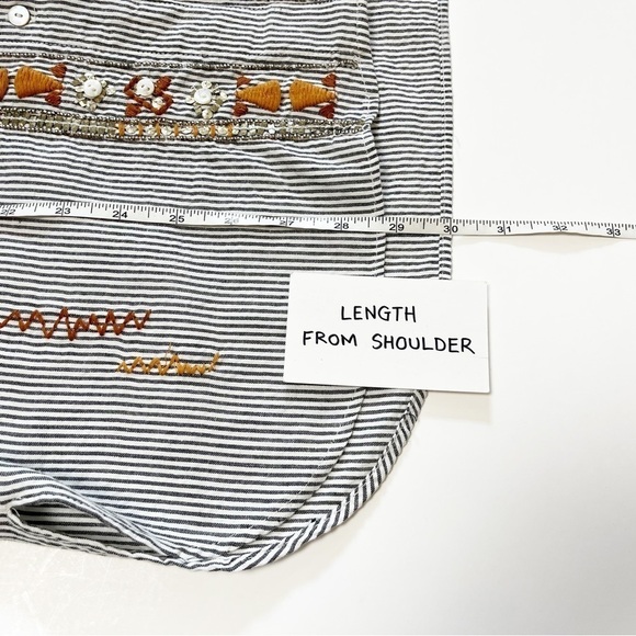 Zara Woman button front shirt blouse top striped boho embroidered beaded neutral - Picture 9 of 12